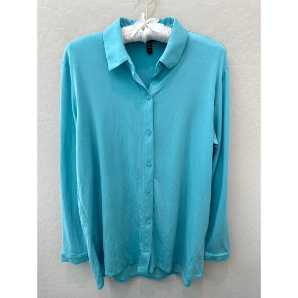 EILEEN FISHER | Aqua Blue Tencel Button Down Shirt Long Sleeve Soft Stretch | XS - Picture 1 of 6